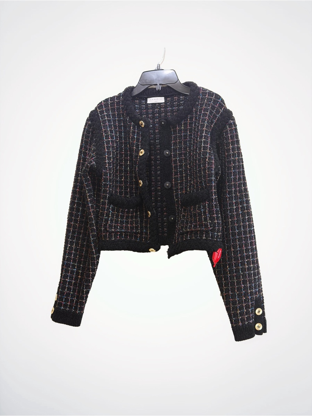 Sandro Paris Tweed-Effect Coatigan Velvet Trim Jacket - Size 0